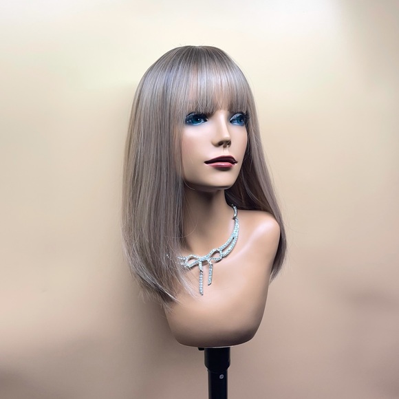 6082-16”Ombre Dark Brown Root to Ash Blond Curved Bottom Wig - Picture 9 of 11